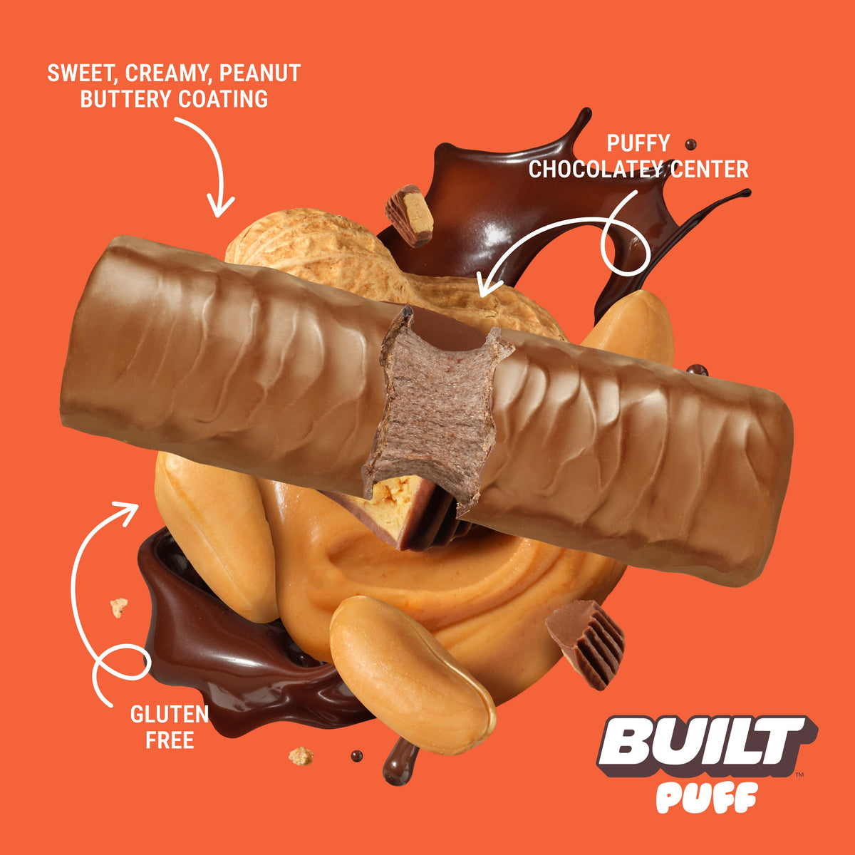 BUILT Peanut Butter Cup Puff snack, showing crispy puffs with a peanut butter cup flavor and textured surface.