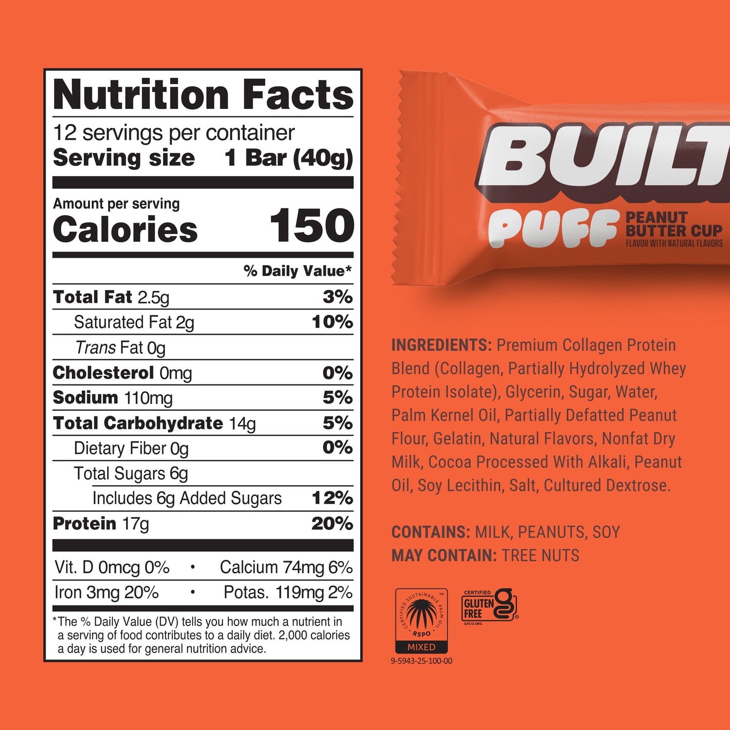 BUILT Peanut Butter Cup Puff snack in a white bag with a close-up of the puff treat on the front.