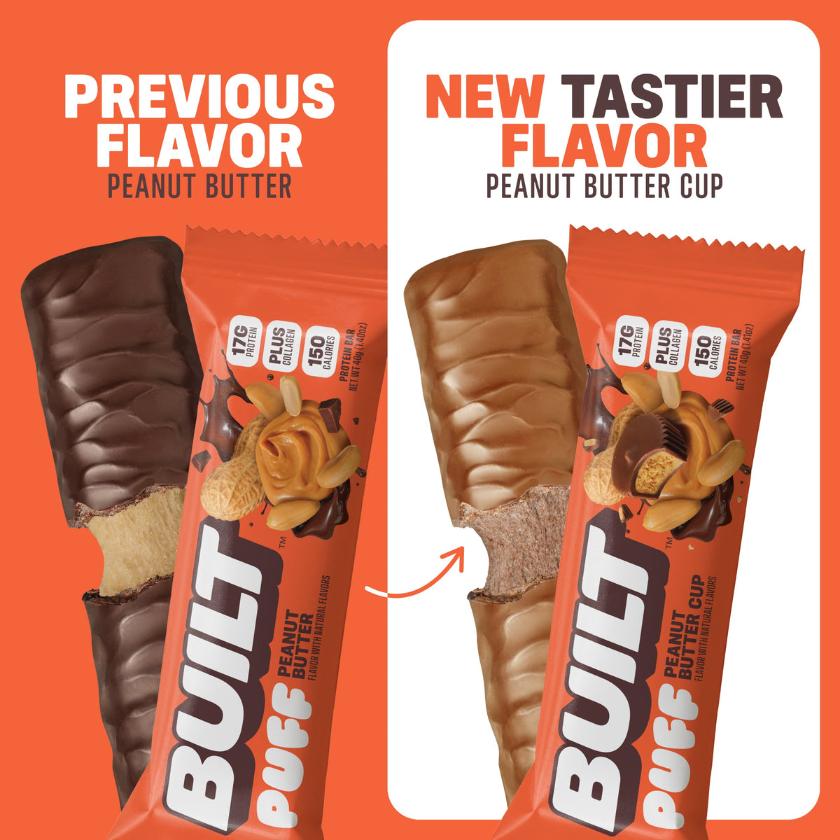 BUILT Peanut Butter Cup Puff, a snack puff with peanut butter flavor, shown in a close-up image highlighting its crispy texture.