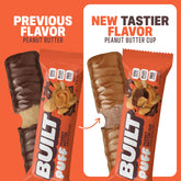 BUILT Peanut Butter Cup Puff, a snack puff with peanut butter flavor, shown in a close-up image highlighting its crispy texture.