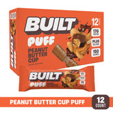 BUILT Peanut Butter Cup Puff, soft puffs with rich peanut butter cup flavor in a snack package.