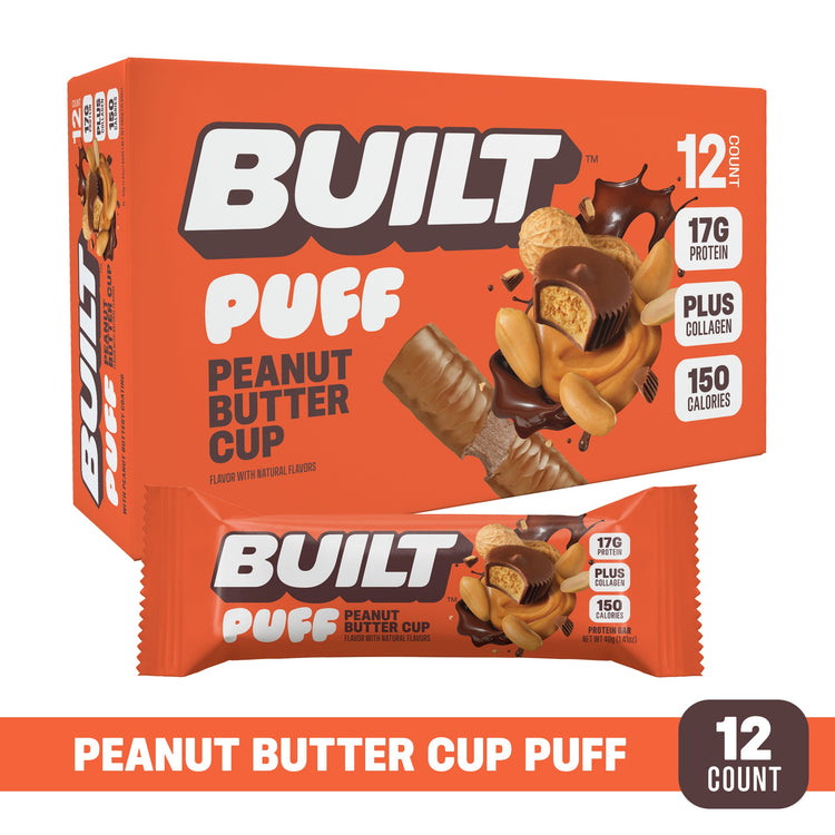 BUILT Peanut Butter Cup Puff, soft puffs with rich peanut butter cup flavor in a snack package.