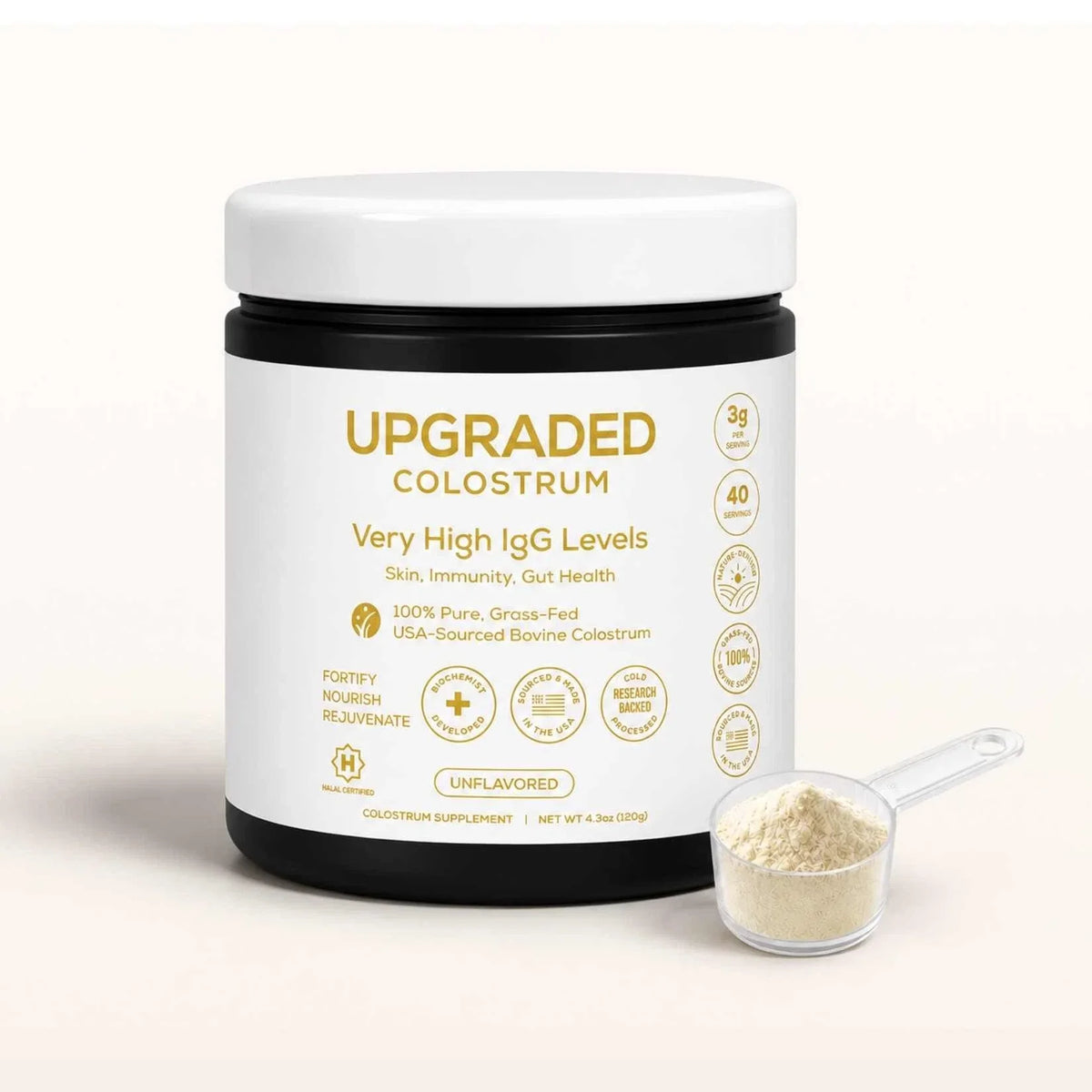 Upgraded Formulas® supplement bottle featuring upgraded colostrum capsules for immune support and overall health.