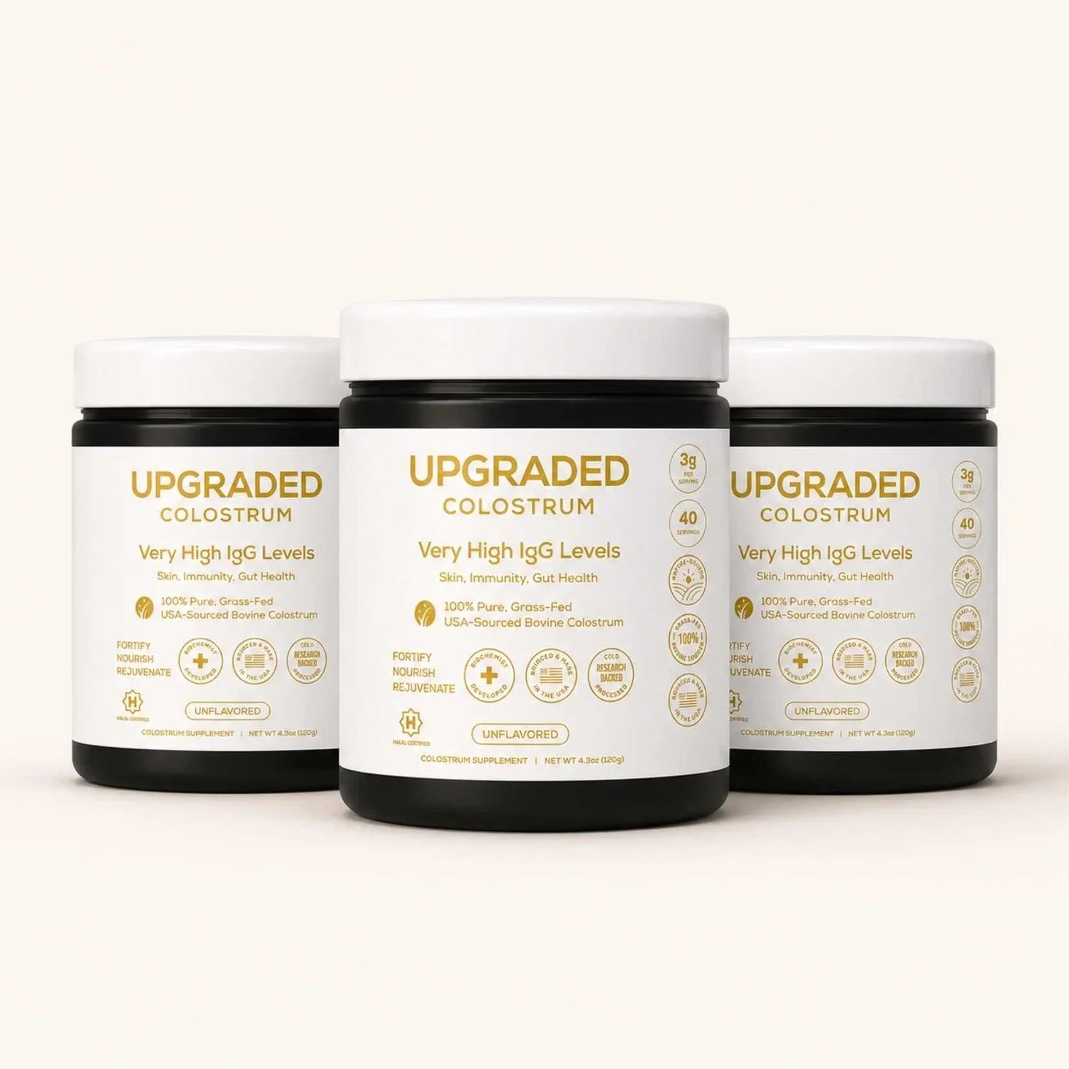 Upgraded Formulas® upgraded colostrum supplement in a jar, showing the product label and white powder inside.