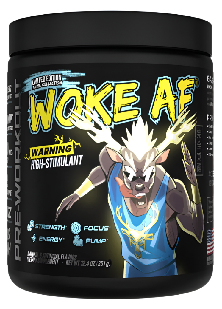 Bucked Up WOKE AF high-stimulant pre-workout supplement by Comito Wellness, featuring blue packaging and energy-boosting ingredients.