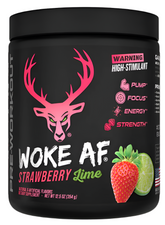 Blue container of Comito Wellness Bucked Up WOKE AF high-stimulant pre-workout supplement for energy and focus.