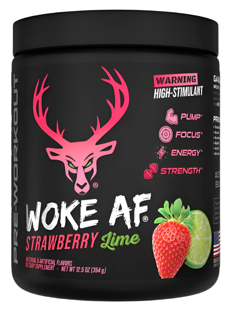 Blue container of Comito Wellness Bucked Up WOKE AF high-stimulant pre-workout supplement for energy and focus.