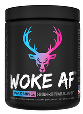 Bucked Up WOKE AF high-stimulant pre-workout powder by Comito Wellness in blue packaging, designed for intense energy and focus.