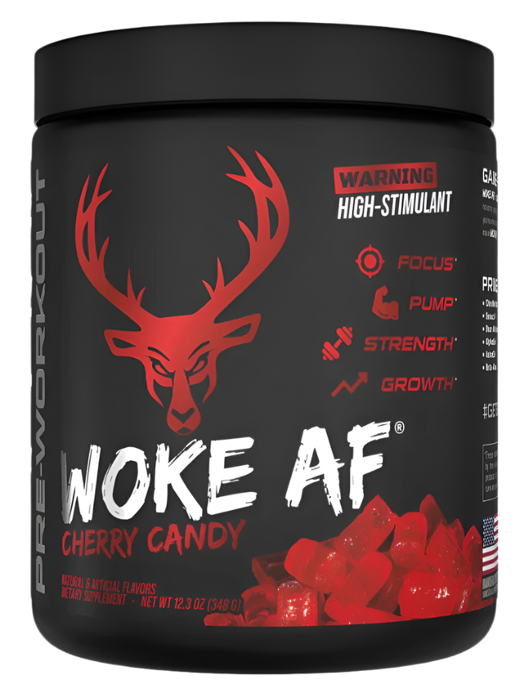 Bucked Up WOKE AF high-stimulant pre-workout powder container from Comito Wellness with blue and black packaging.
