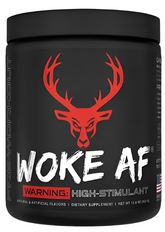 Blue container of Comito Wellness Bucked Up WOKE AF high-stimulant pre-workout powder for intense energy and focus.