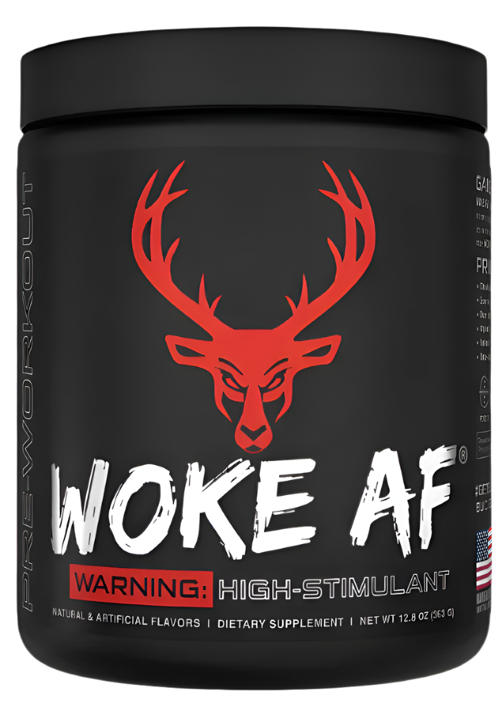 Blue container of Comito Wellness Bucked Up WOKE AF high-stimulant pre-workout powder for intense energy and focus.