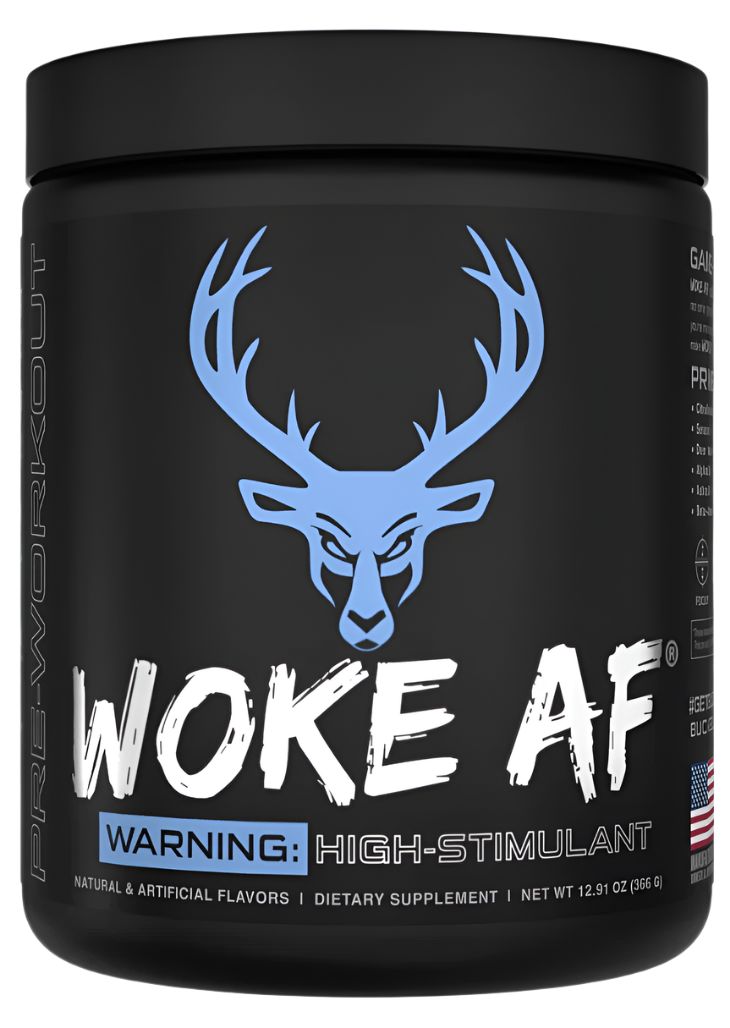 Blue container of Comito Wellness Bucked Up WOKE AF high-stimulant pre-workout supplement for intense energy and focus.