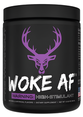 Blue tub of Bucked Up WOKE AF high-stimulant pre-workout supplement by Comito Wellness with label and scoop inside.