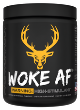 Comito Wellness Bucked Up WOKE AF high-stimulant pre-workout powder in a blue container, designed for intense energy and focus.