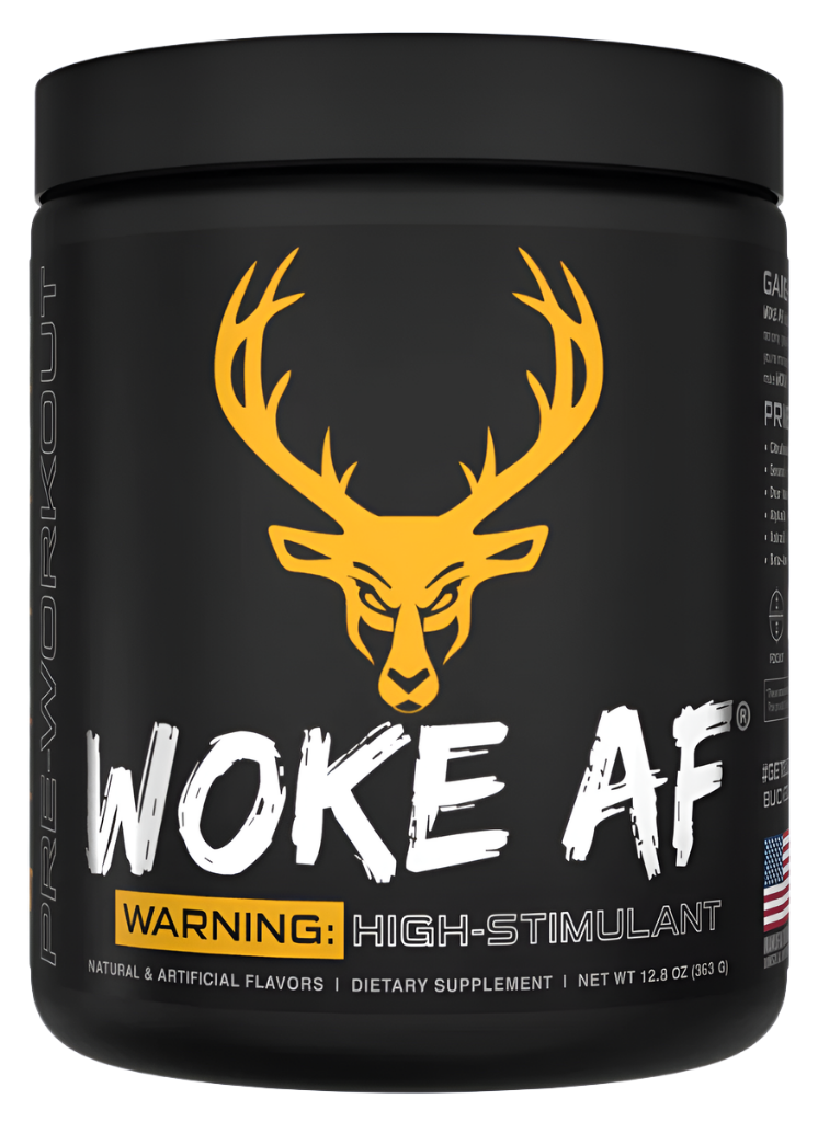 Comito Wellness Bucked Up WOKE AF high-stimulant pre-workout powder in a blue container, designed for intense energy and focus.