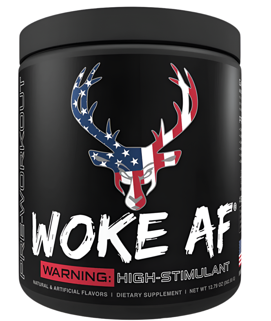 Blue tub of Bucked Up WOKE AF high-stimulant pre-workout supplement by Comito Wellness, designed for intense energy and focus.