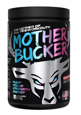 Bucked Up MOTHER BUCKER high-stimulant pre-workout formula by Comito Wellness, 20-serving container with vibrant supplement label.