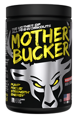 Bucked Up MOTHER BUCKER high-stimulant pre-workout supplement by Comito Wellness, 20 servings, shown in a gym setting.