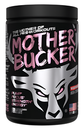 Bucked Up MOTHER BUCKER high-stimulant pre-workout formula by Comito Wellness, 20 servings, in a gym setting with supplement container
