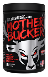 Bucked Up MOTHER BUCKER high-stimulant pre-workout formula in a container, designed for gym and workout energy, by Comito Wellness.