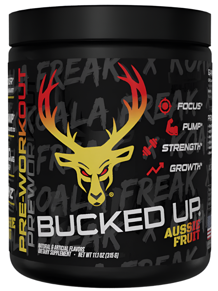 Comito Wellness Bucked Up Pre-Workout powder with kiwi and fruit flavor, showing the energy, performance, and focus benefits.