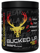 Comito Wellness Bucked Up Pre-Workout powder with kiwi and fruit flavor, showing the energy, performance, and focus benefits.