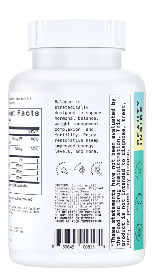 Alani Nu Balance Capsules vitamin bottle with 120 capsules from Comito Wellness, designed to support hormonal balance and wellness.