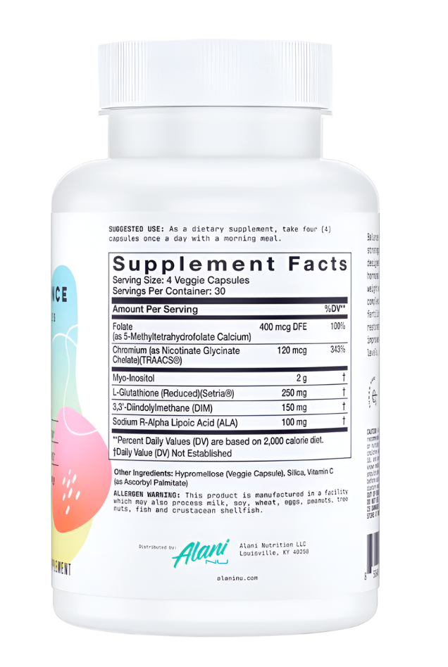 Alani Nu Balance Capsules by Comito Wellness, 120 vitamin capsules for daily wellness and hormone support.
