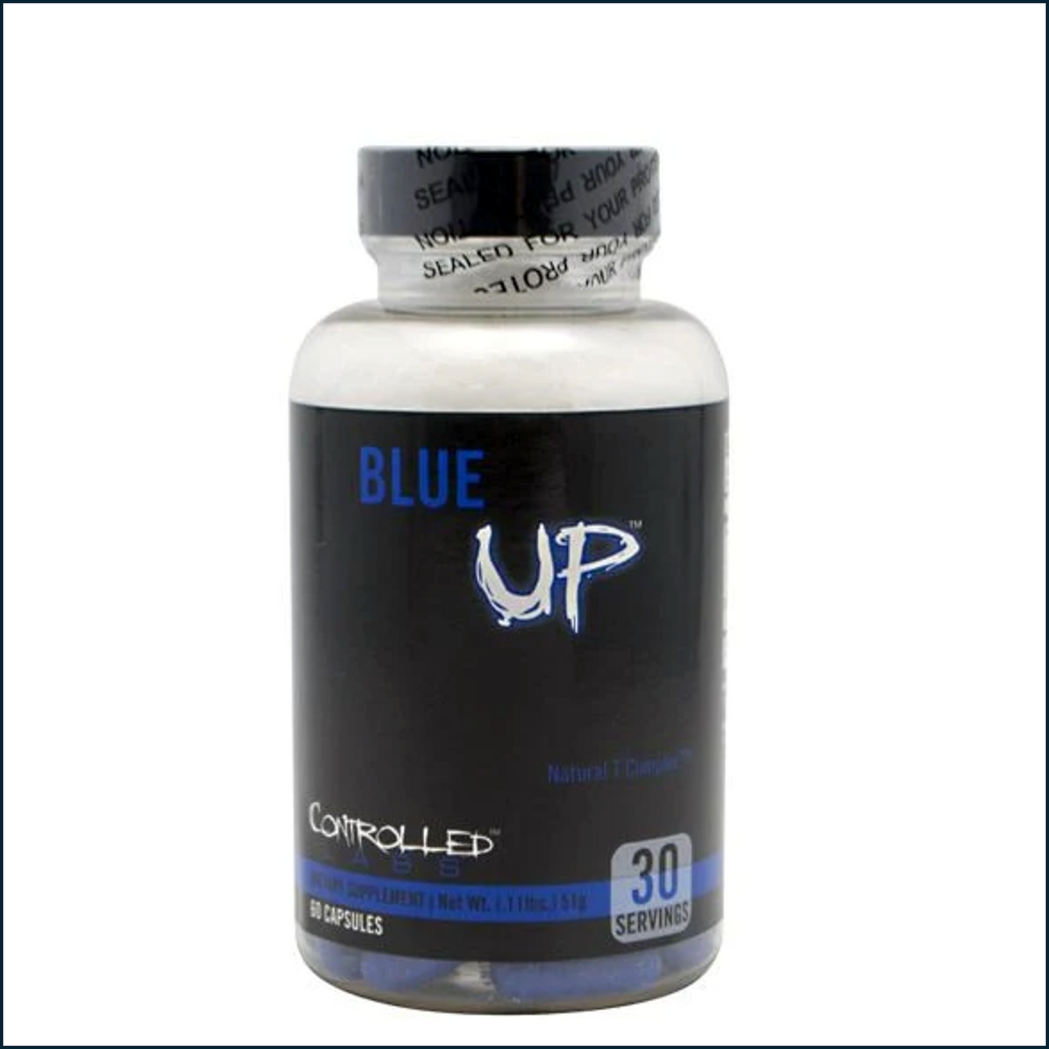 Controlled Labs Blue Up testosterone booster supplement bottle with 30 servings, designed to support natural hormone levels.