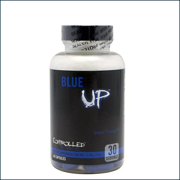 Controlled Labs Blue Up testosterone booster supplement bottle with 30 servings, designed to support natural hormone levels.