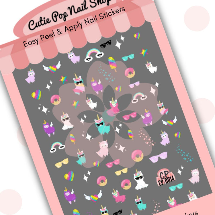 Llamacorn nail art design featuring a cute llama with a unicorn horn, created by Cutie Pop Nail Shop.