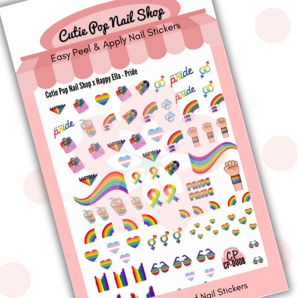 Colorful Pride-themed nail art set from Cutie Pop Nail Shop featuring vibrant nail polish designs for celebration.