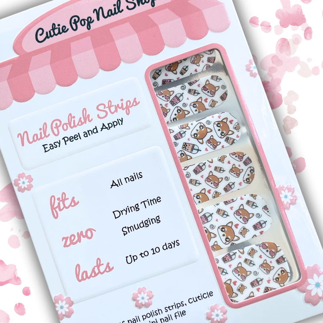 Boba Love nail strips from Cutie Pop Nail Shop featuring cute boba tea designs for stylish nail art.