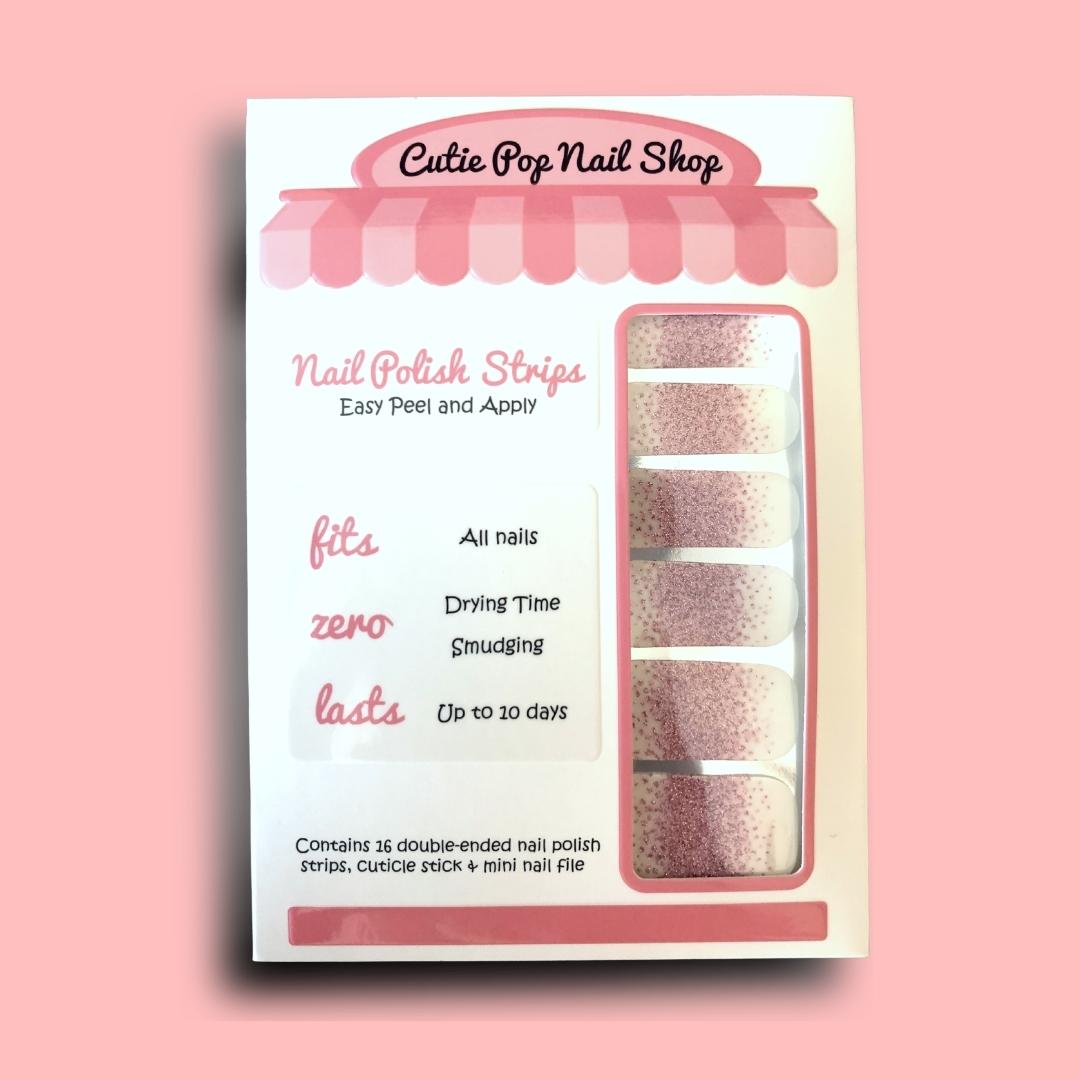 Glitter ombre red nail strips by Cutie Pop Nail Shop, showcasing vibrant red and shimmering glitter design for stylish nails.