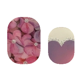 Pink flower and purple hue nail strips from Cutie Pop Nail Shop, showcasing floral nail art design.