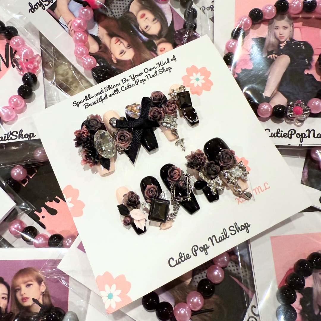 Blackpink-inspired gothic rose press-on nails by Cutie Pop Nail Shop, coffin long style with dark floral design.