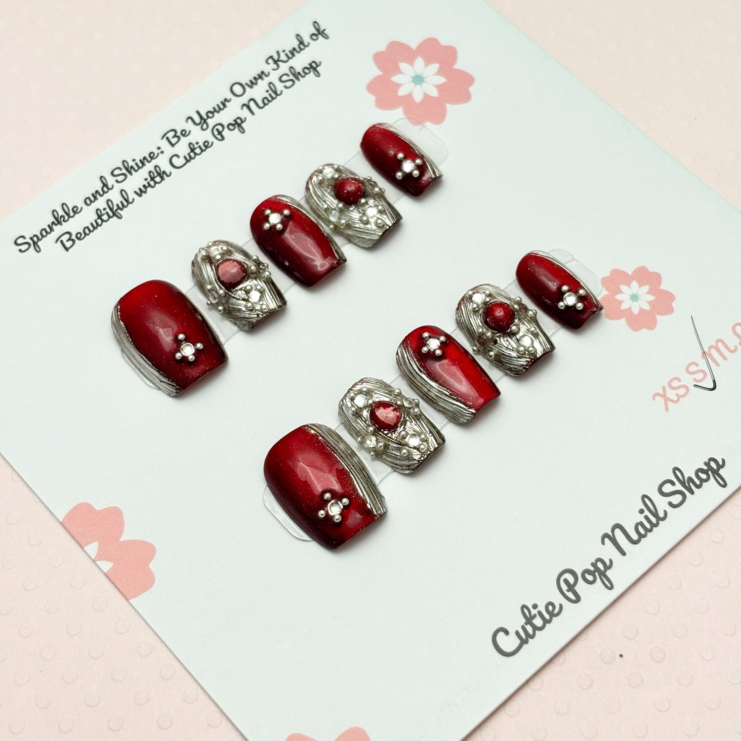Red Renaissance press-on nails in coffin shape from Cutie Pop Nail Shop, extra short and stylish for a bold look.