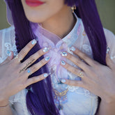 Blue Elegant Rose press-on nails by Cutie Pop Nail Shop in coffin shape, XS to medium size, showcasing detailed floral design.
