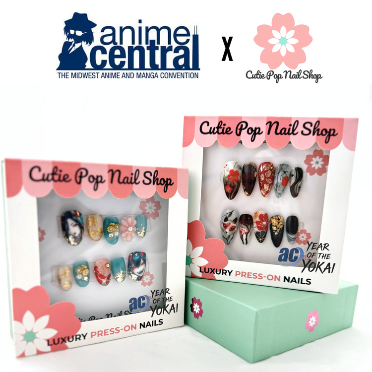 Short round press-on nails featuring anime Yokai Girl design from Cutie Pop Nail Shop, perfect for anime-inspired nail art.