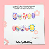 Short round press-on nails by Cutie Pop Nail Shop in Sweet Dreamland design, featuring pastel colors and cute floral accents.