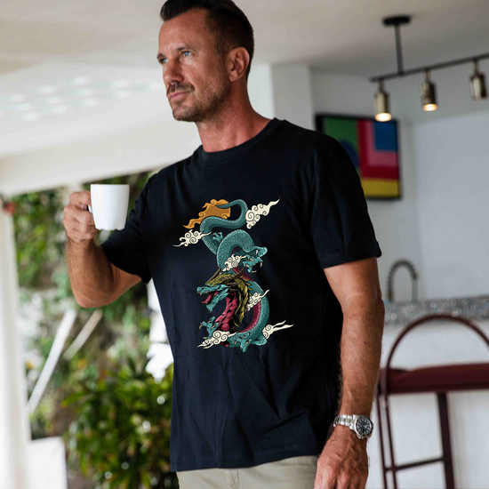 Hawaiian Tee For Men Dragon Soars Tee Crew Neck 100% Cotton - BLACK