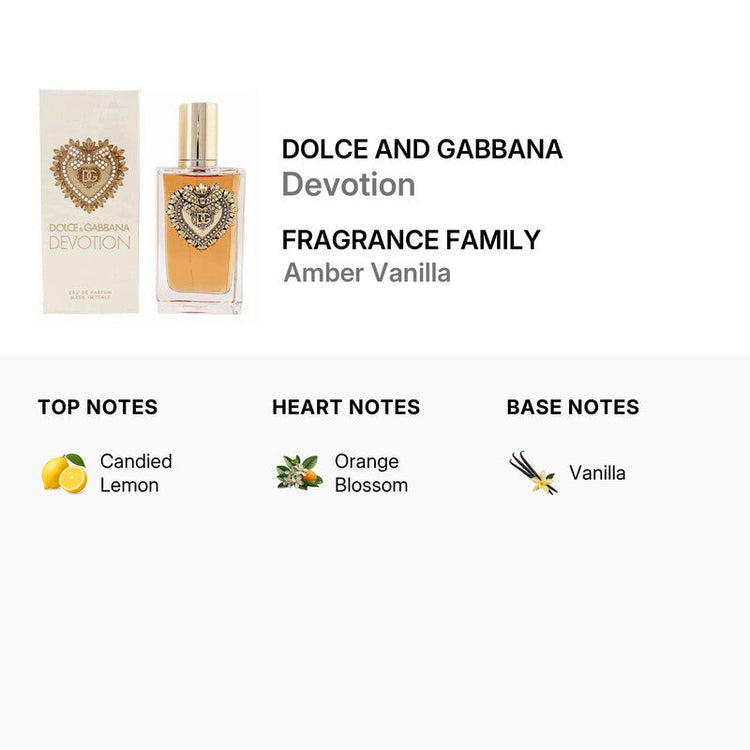 Dolce & Gabbana Devotion Eau de Parfum for women in 3.4 oz spray, featuring elegant fragrance packaging.