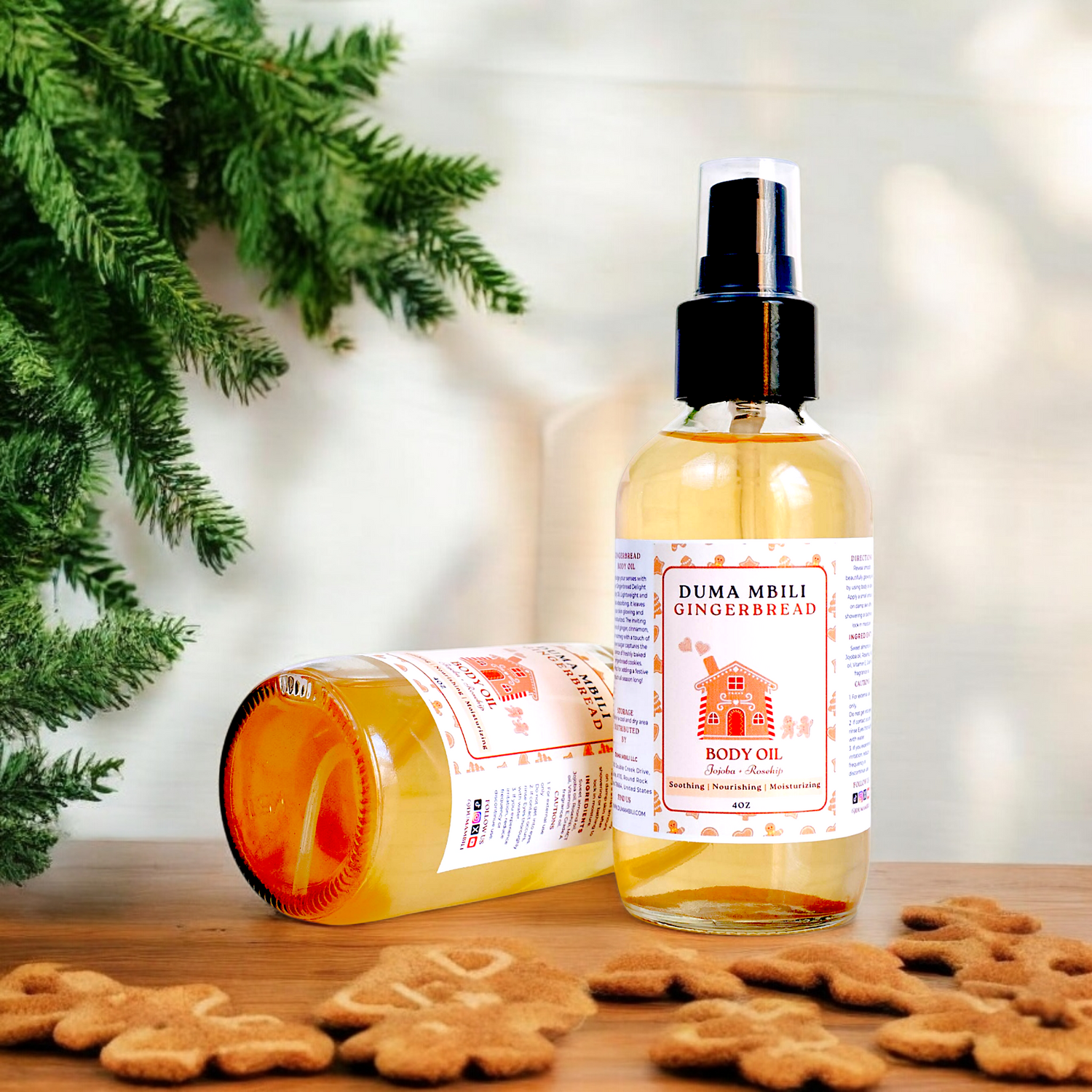 Duma Mbili LLC African Musk Gingerbread Body Oil in a 4 oz bottle, featuring warm gingerbread scent and soothing body oil texture.