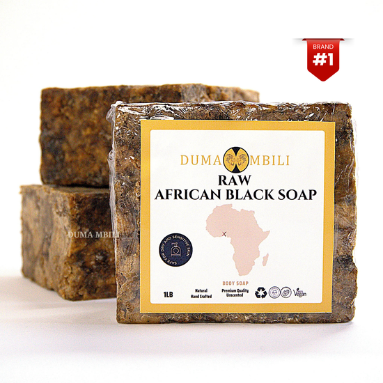 Authentic African Black Soap by Duma Mbili LLC in a 4 oz bar, organic skincare for clear, glowing skin.
