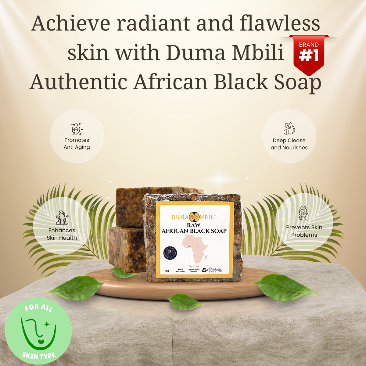 Authentic African Black Soap from Duma Mbili LLC, organic skincare for clear, glowing skin, in a 4 oz traditional soap bar.