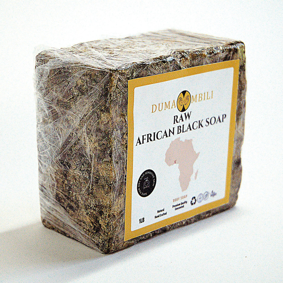 Authentic African Black Soap by Duma Mbili LLC in a 4 oz bar, organic skincare for clear, glowing skin, traditional African black soap