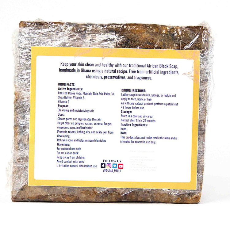 Authentic African Black Soap by Duma Mbili LLC, traditional organic skincare bar for clear, glowing skin.