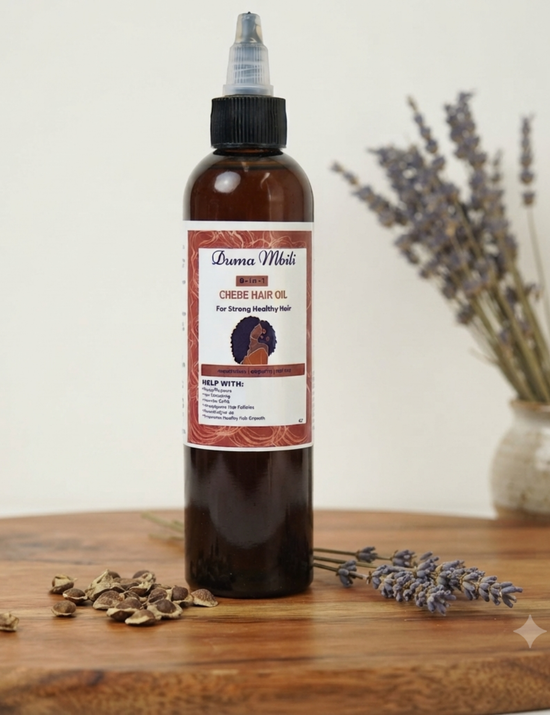 Duma Mbili LLC Chebe Hair Oil 8-in-1 in a 4 oz bottle, natural cheese hair oil for nourishing and strengthening hair.