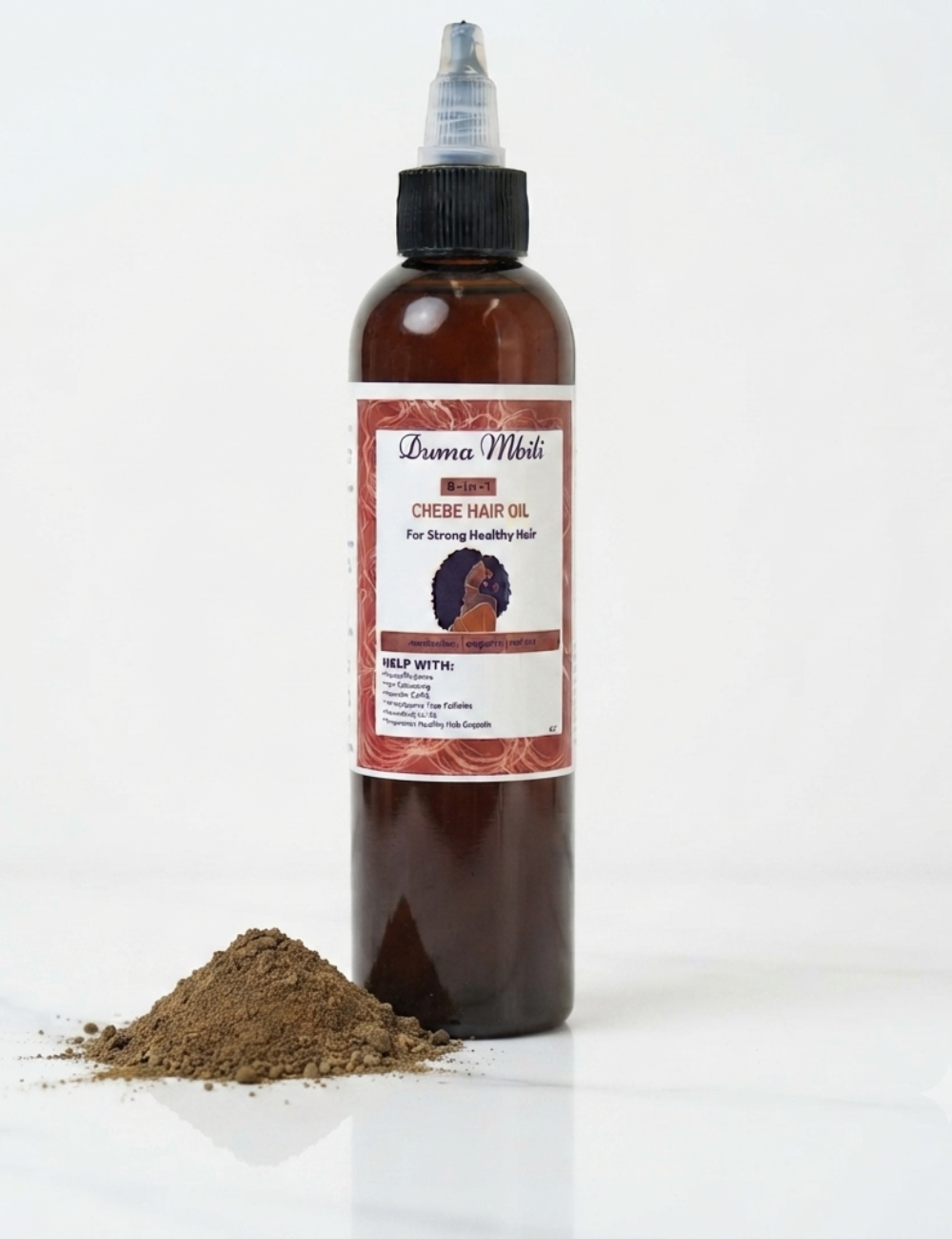 Duma Mbili LLC Chebe Hair Oil 8-in-1 in a 4 oz bottle, natural cheese hair oil with nourishing ingredients for healthy hair.