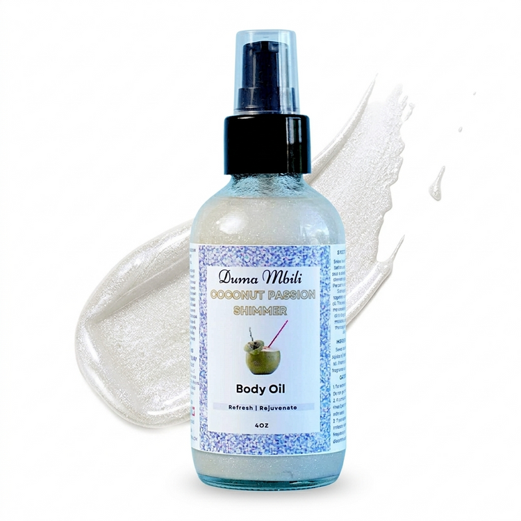 Duma Mbili LLC Coconut Passion Shimmer Body Oil in a 4 oz bottle with a shimmering finish and tropical coconut scent